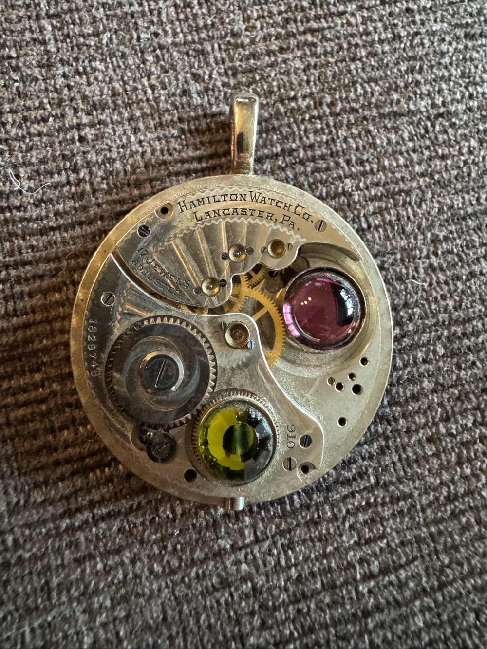 Silver Steampunk Pocket Watch Pendant with Purple and Green Gems